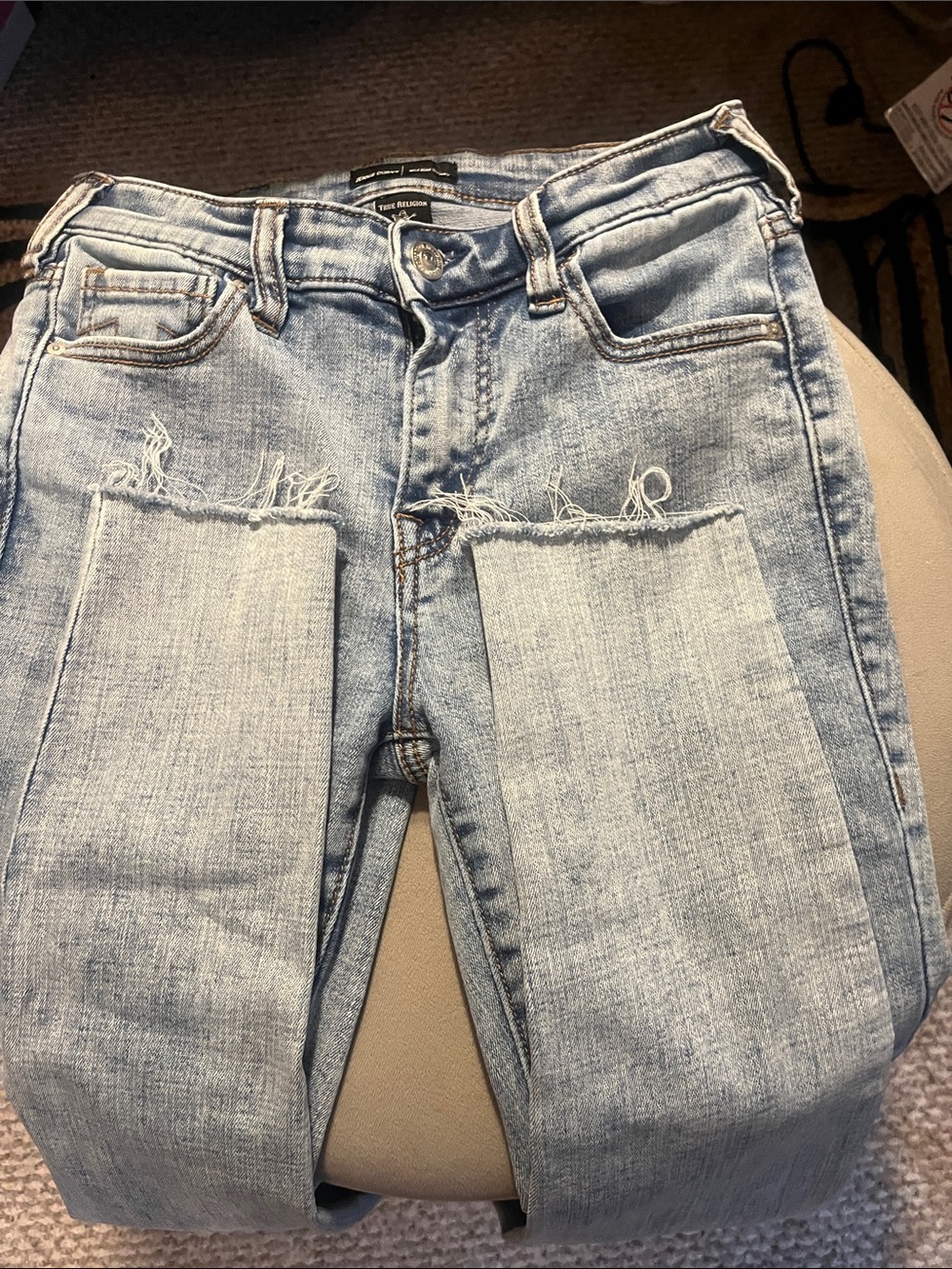 True Religion Light Blue Skinny Jeans with Distressed Front Patches